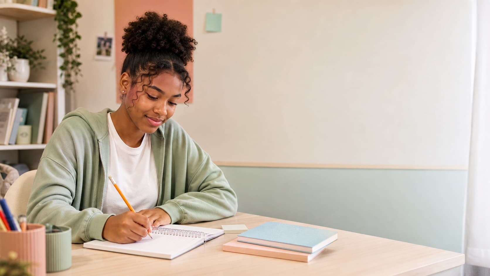 A teenage learner working through algebra in a notebook
