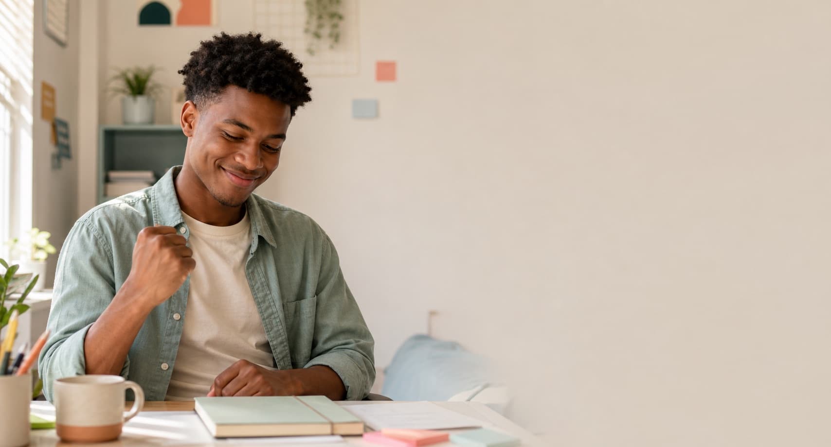 A college learner celebrating a productive study session