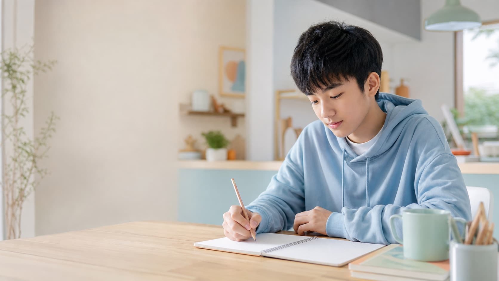 A teenage learner sketching in a graph-paper notebook